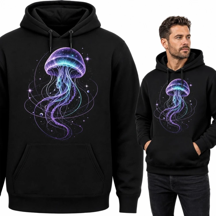 Bluza męska z kapturem - kosmiczna meduza wśród gwiazd i orbit planet