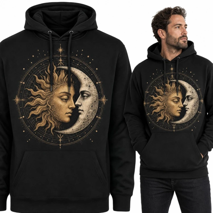 Bluza męska z kapturem - słońce i księżyc z twarzami w astrologicznym kręgu