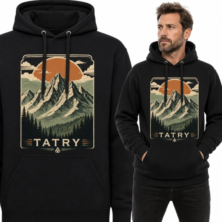 Bluza męska z kapturem - „Tatry” górski pejzaż retro ze słońcem