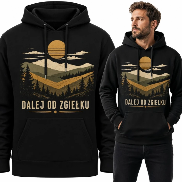 Bluza męska z kapturem - górski pejzaż retro z lasem i napisem „Dalej od zgiełku”