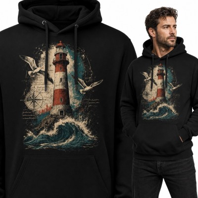 Bluza męska z kapturem - latarnia morska z mewami i różą wiatrów dla żeglarza