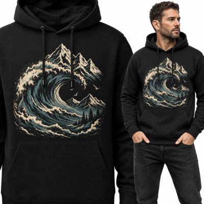 Bluza męska z kapturem - wielka fala oceanu i ośnieżone szczyty gór
