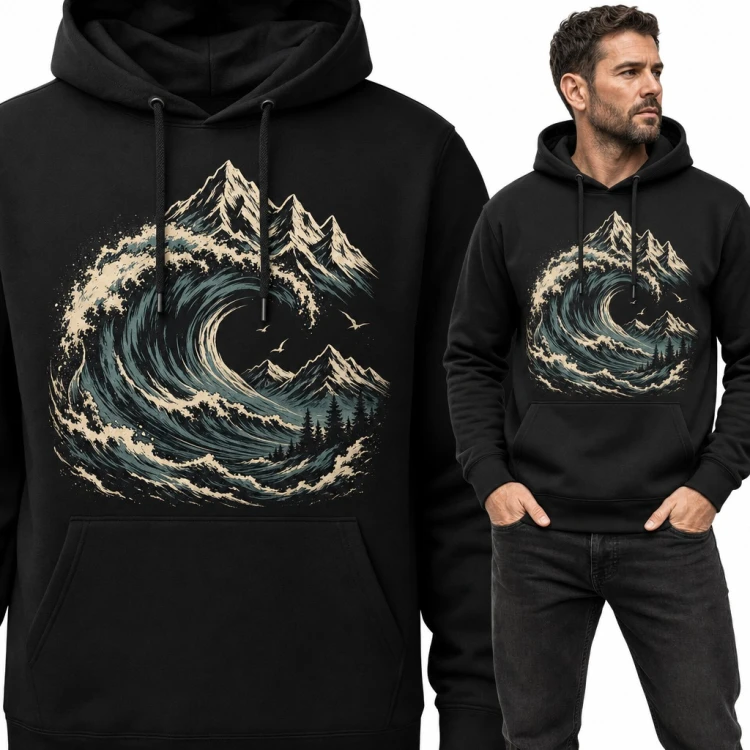 Bluza męska z kapturem - wielka fala oceanu i ośnieżone szczyty gór