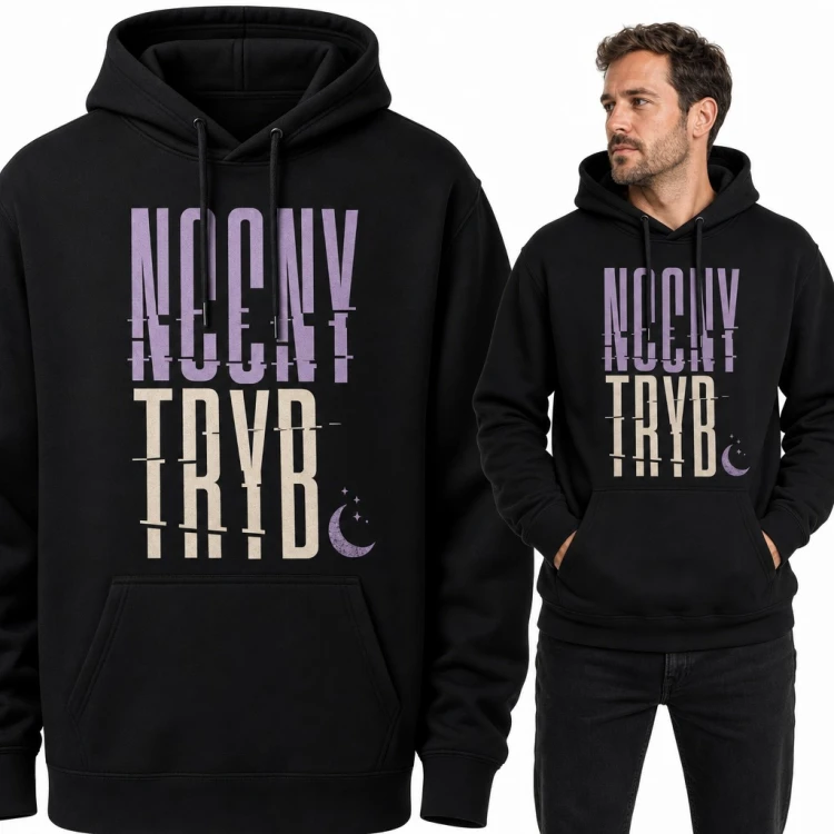 Bluza męska z kapturem „Nocny tryb” - glitchowy napis z półksiężycem
