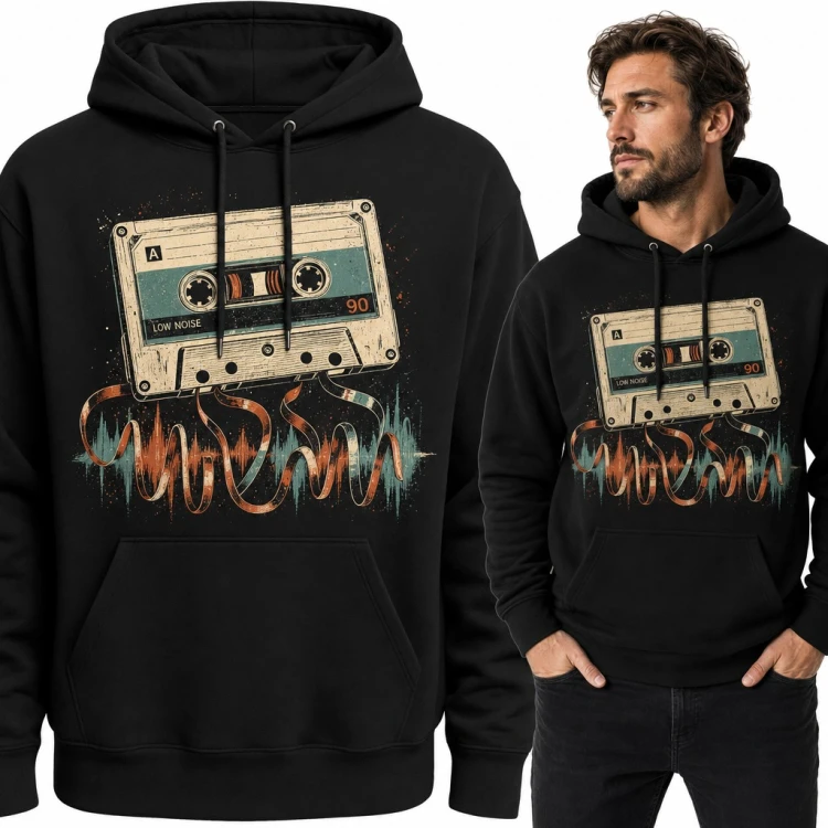 Bluza męska z kapturem - retro kaseta magnetofonowa z rozwiniętą taśmą