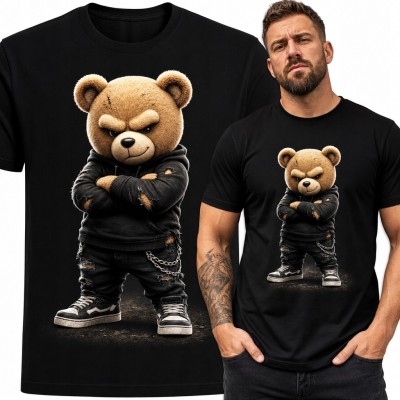 Koszulka męska z zadziornym misiem w stylu streetwear - czarna