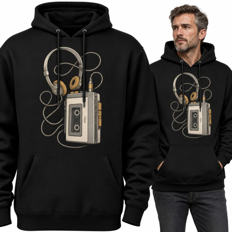 Bluza męska z kapturem - retro walkman z kasetą i słuchawkami
