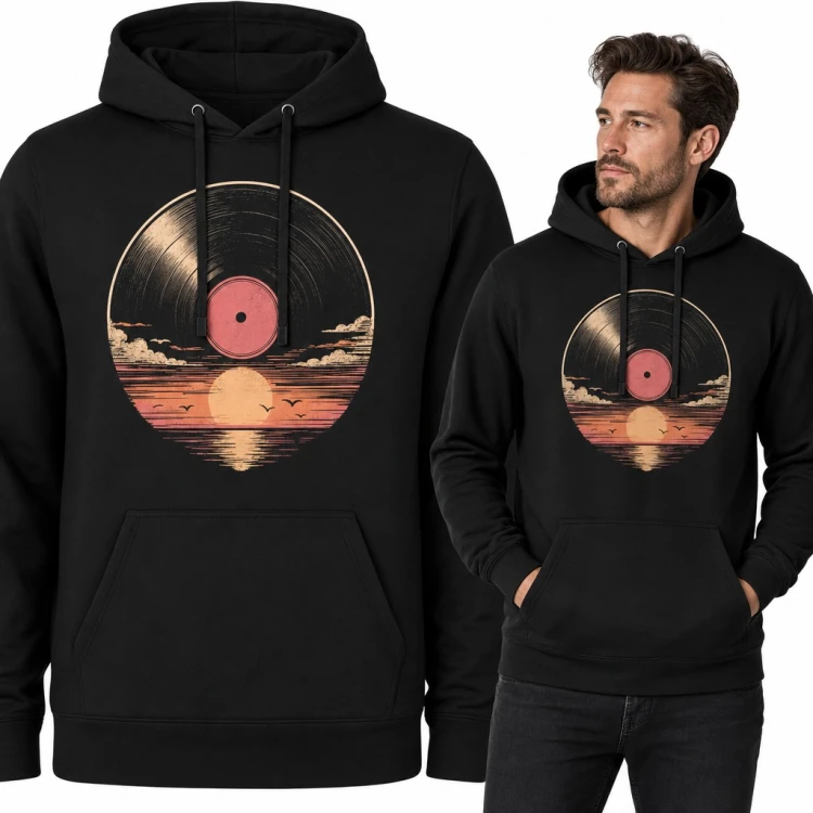 Bluza męska z kapturem - płyta winylowa i zachód słońca nad morzem w stylu retro