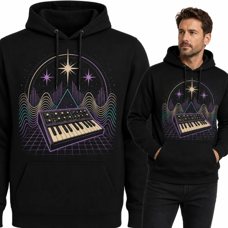 Bluza męska z kapturem - syntezator analogowy na tle fal synthwave