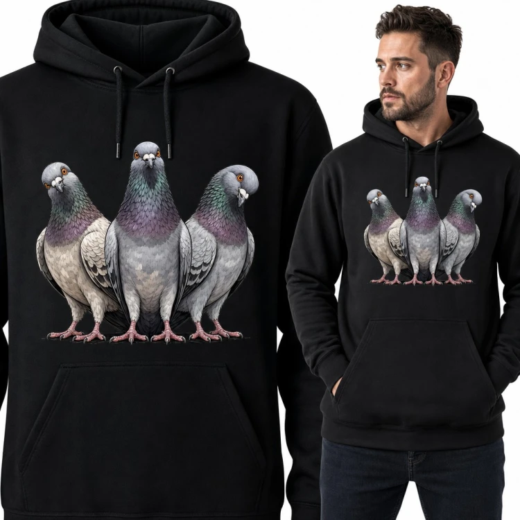Bluza męska z kapturem - trzy gołębie z zabawnie przechylonymi głowami