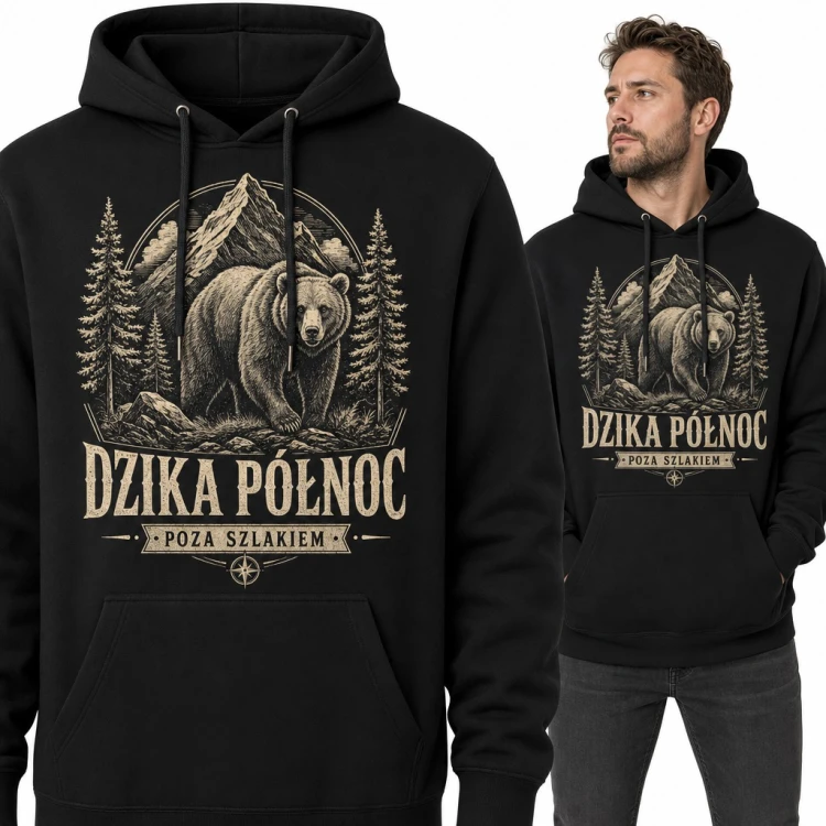 Bluza męska z kapturem - niedźwiedź w górach „Dzika północ” dla turysty