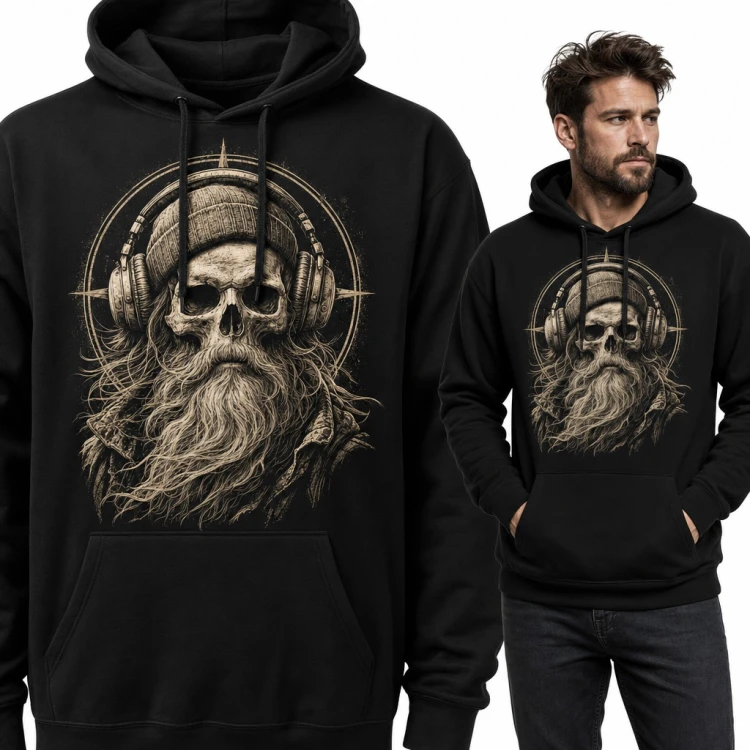Bluza męska z kapturem - brodata czaszka w słuchawkach i czapce beanie