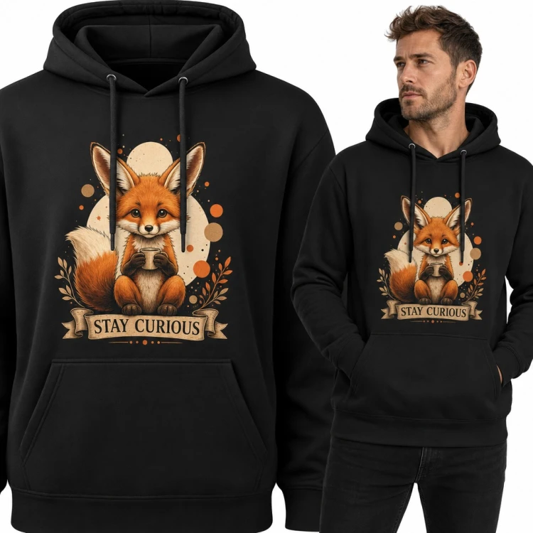 Bluza męska z kapturem - lisek z kubkiem i napisem „Stay curious”