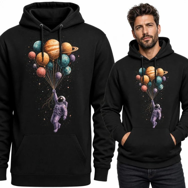 Bluza męska z kapturem - astronauta na balonach z planet
