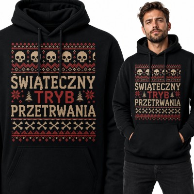 Bluza męska z kapturem - „Świąteczny tryb przetrwania” z czaszkami w sweterkowym wzorze