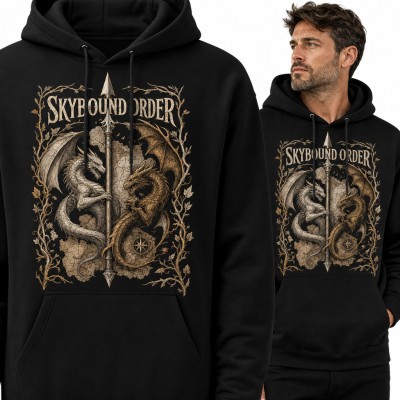 Bluza męska z kapturem - dwa smoki i włócznia „Skybound Order”