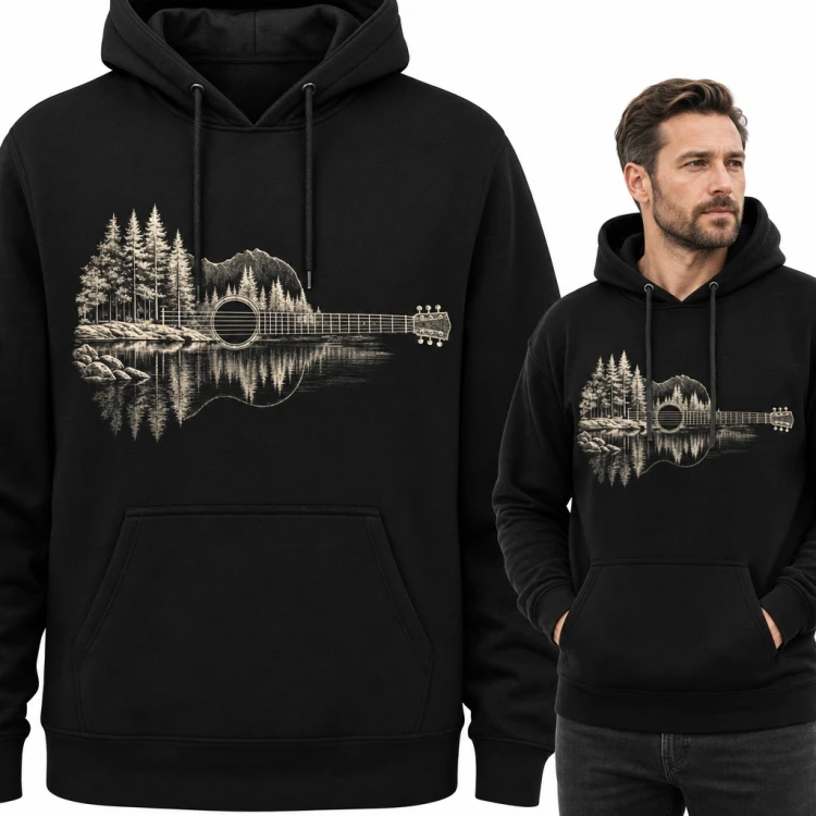 Bluza męska z kapturem - gitara akustyczna z lasem i jeziorem dla gitarzysty