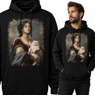 Bluza męska z kapturem - renesansowa dama z grubym białym kotem dla kociarza