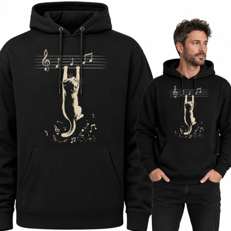 Bluza męska z kapturem - kot wiszący na pięciolinii z nutami