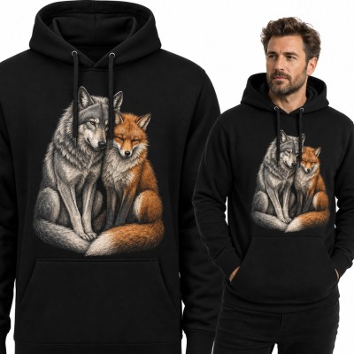 Bluza męska z kapturem - wilk i rudy lis wtuleni w siebie