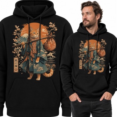 Bluza męska z kapturem - rudy kot wędrowiec w kimonie na tle góry Fuji