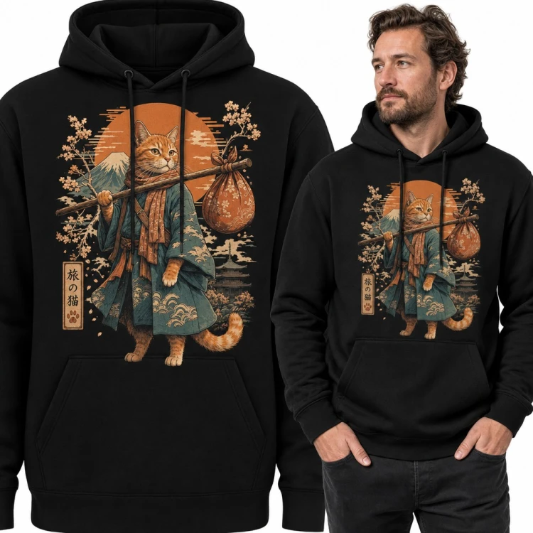 Bluza męska z kapturem - rudy kot wędrowiec w kimonie na tle góry Fuji