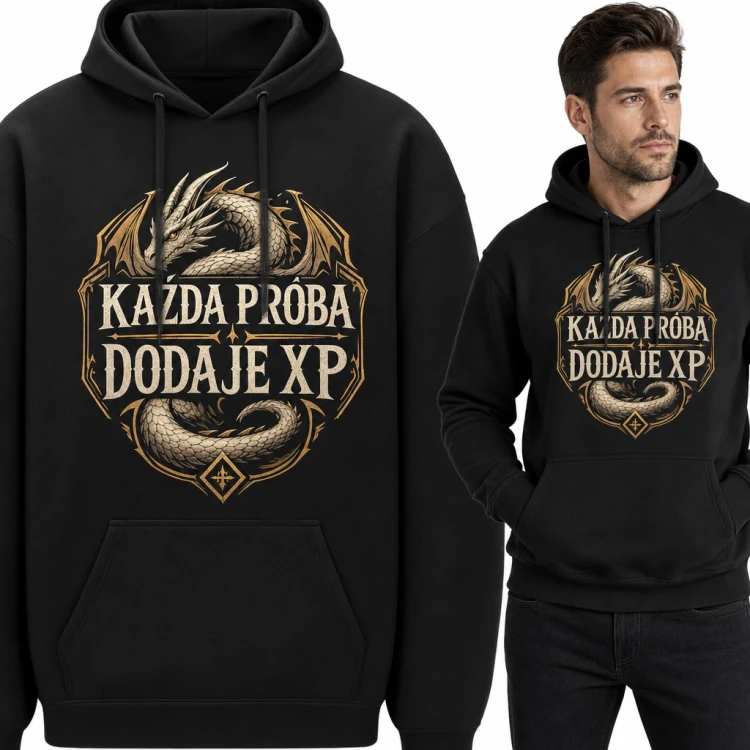 Bluza męska z kapturem - „Każda próba dodaje XP” ze smokiem dla gracza RPG