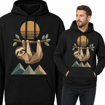 Bluza męska z kapturem - geometryczny leniwiec na gałęzi i retro słońce nad górami