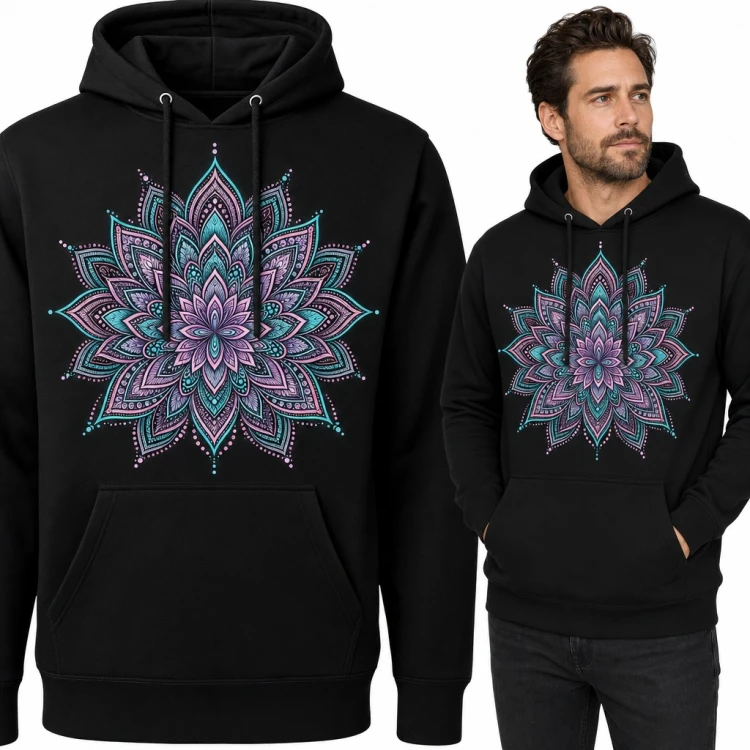 Bluza męska z kapturem - mandala kwiat lotosu w turkusie i fiolecie