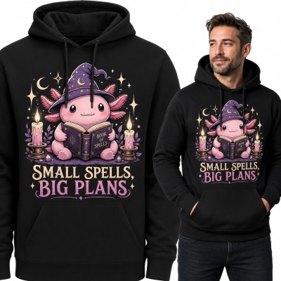Bluza męska z kapturem - aksolotl czarodziej z księgą zaklęć „Small spells, big plans”