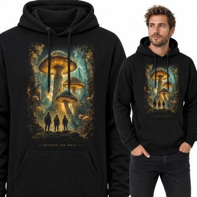 Bluza męska z kapturem „Beyond the moss” - świecące grzyby i wędrowcy w magicznym lesie