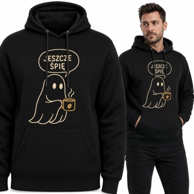 Bluza męska z kapturem - duszek z kubkiem kawy i napisem „Jeszcze śpię”