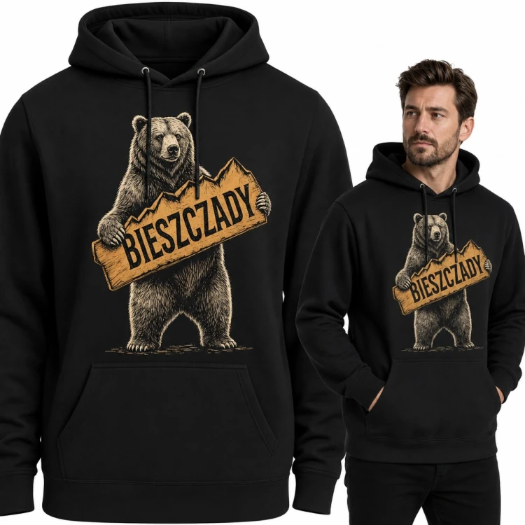 Bluza męska z kapturem - niedźwiedź z tablicą „Bieszczady” dla miłośnika gór