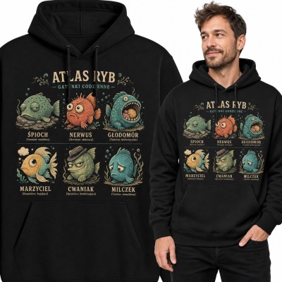 Bluza męska z kapturem „Atlas ryb” - sześć śmiesznych gatunków dla wędkarza