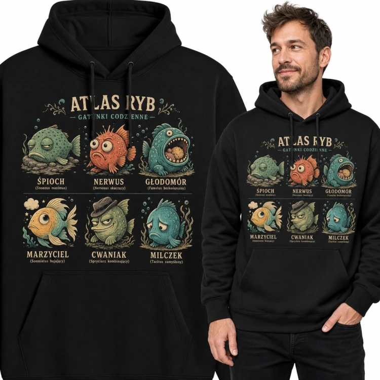 Bluza męska z kapturem „Atlas ryb” - sześć śmiesznych gatunków dla wędkarza