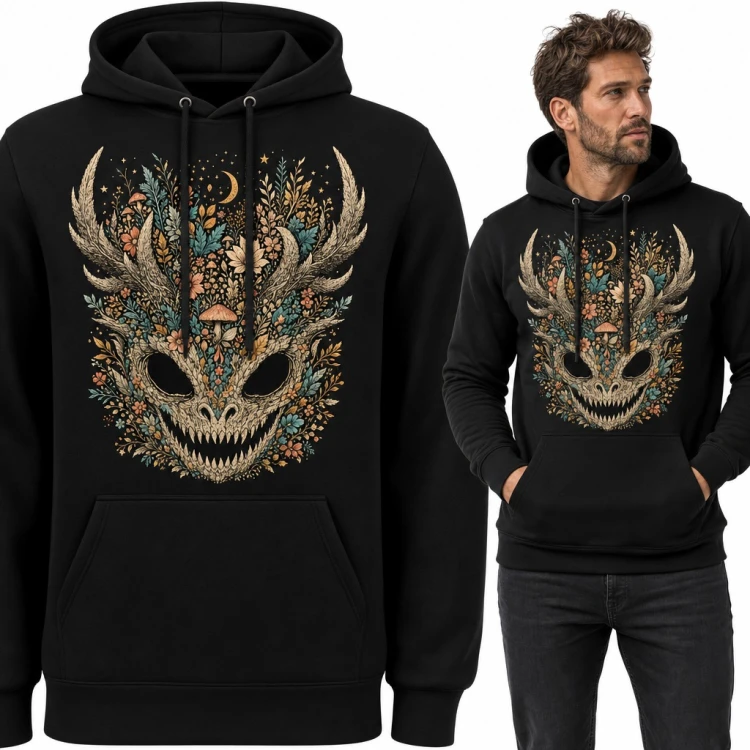 Bluza męska z kapturem - leśny demon z rogami w kwiatach i grzybach