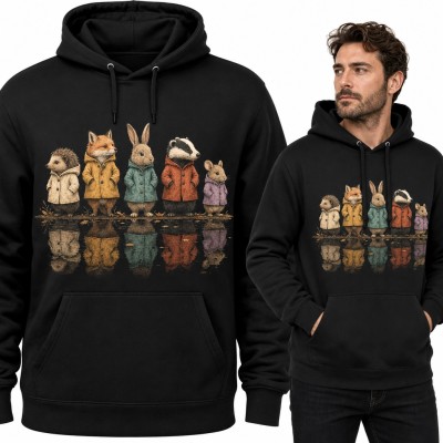 Bluza męska z kapturem - leśne zwierzęta w jesiennych płaszczach z odbiciem w kałuży