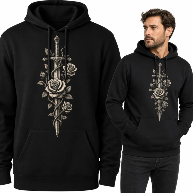 Bluza męska z kapturem - miecz oplecony różami i cierniami w stylu tatuażu