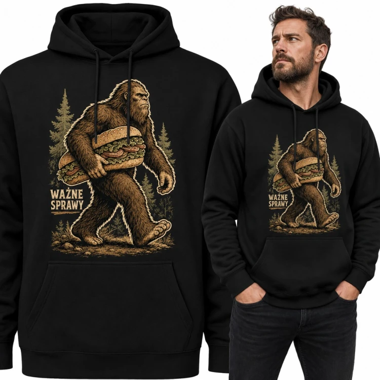 Bluza męska z kapturem - Bigfoot z ogromną kanapką „Ważne sprawy”