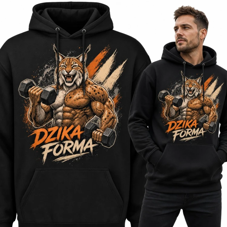 Bluza męska z kapturem - umięśniony ryś z hantlami „Dzika forma” na siłownię