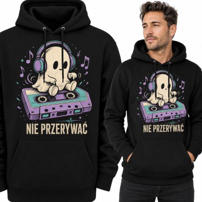 Bluza męska z kapturem - duszek w słuchawkach na kasecie „Nie przerywać”