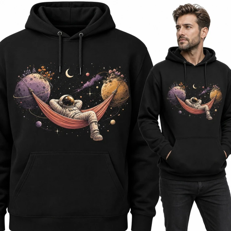 Bluza męska z kapturem - astronauta w hamaku między planetami