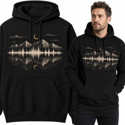 Bluza męska z kapturem - górski pejzaż z falą dźwiękową i księżycem