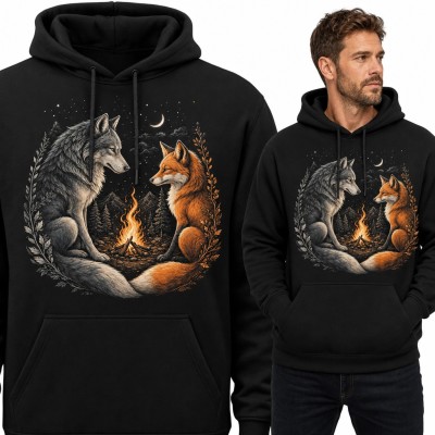 Bluza męska z kapturem - wilk i lis przy ognisku pod księżycem
