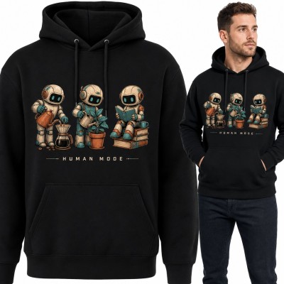 Bluza męska z kapturem - roboty z kawą, roślinką i książką „Human mode”