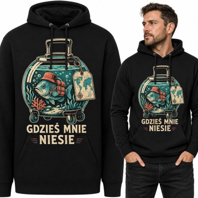 Bluza męska z kapturem - ryba podróżniczka w akwarium-walizce „Gdzieś mnie niesie”