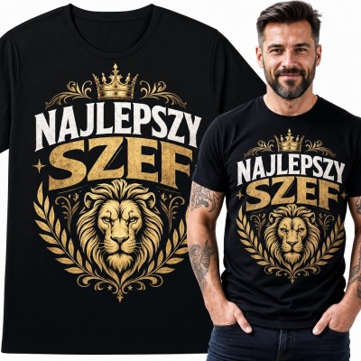 Koszulka męska dla szefa z lwem i napisem „Najlepszy szef” - królewski motyw