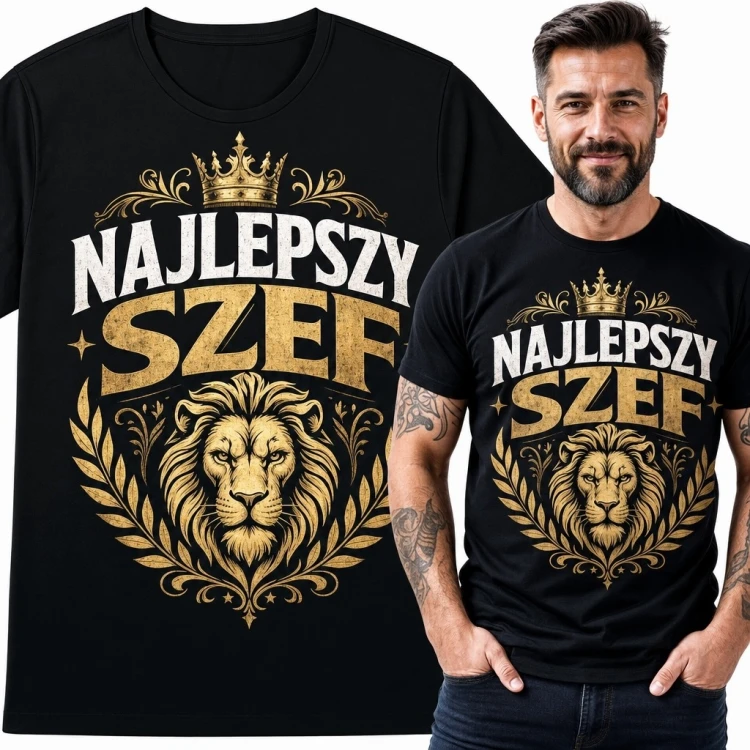 Koszulka męska dla szefa z lwem i napisem „Najlepszy szef” - królewski motyw