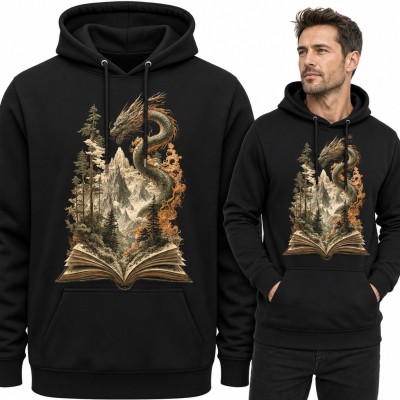 Bluza męska z kapturem - smok nad otwartą księgą z górami i lasem