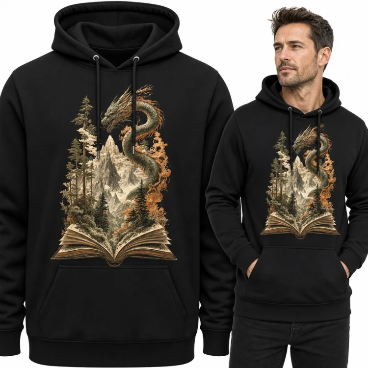 Bluza męska z kapturem - smok nad otwartą księgą z górami i lasem